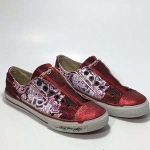 Ed Hardy RedBLk Stripe Laceless Graphic Sneakers 7